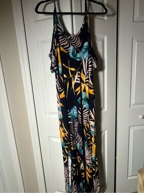 Grecerelle women’s open shoulder tropical leaf maxi dress with pockets size XL